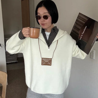 Half-zip hooded knit sweater