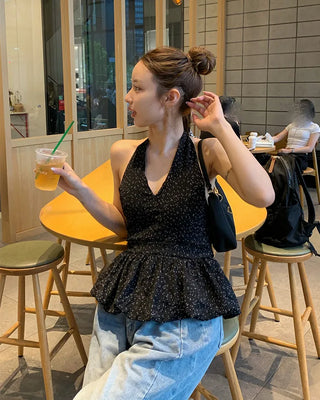 Polka Dot Frill Halter Neck Blouse