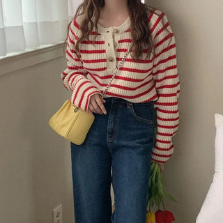 Striped button knit top