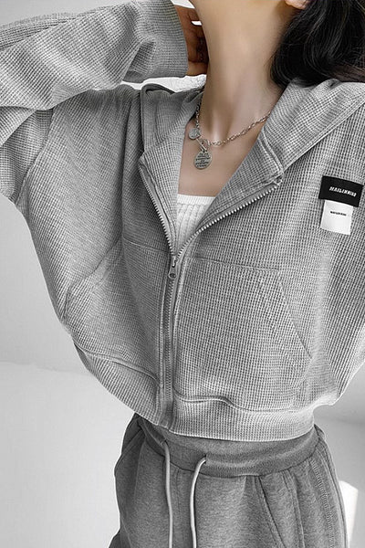 hooded zipper waffle jacket