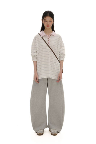 [Moromoro2] Striped Polo Long Sleeve Tee with Star  Buttons