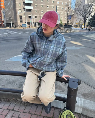 (Unisex) Check Hooded Wind Jacket