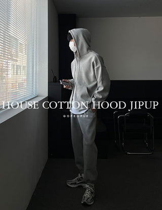 House double-layered zip-up hoodie (cotton fabric)