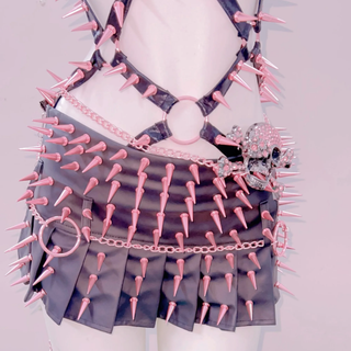 Hollow out rivet applique o ring pleated mini skirt set