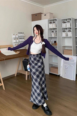 high waist retro plaid midi skirt