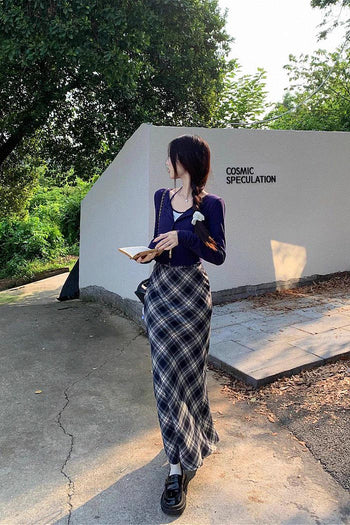 high waist retro plaid midi skirt