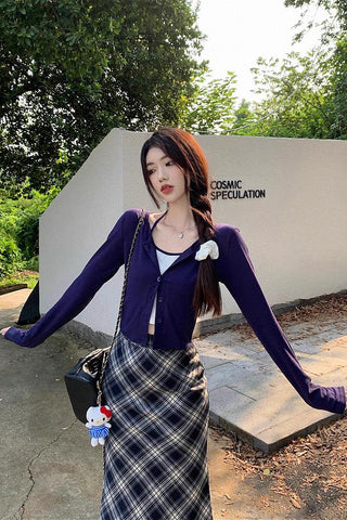 high waist retro plaid midi skirt