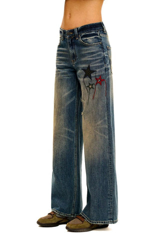 [Moromoro2] Star Plaid Patch Washed Straight  Jeans