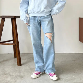 Slit wide denim pants