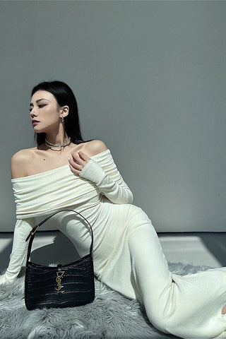 pleated off-shoulder dress