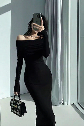 pleated off-shoulder dress