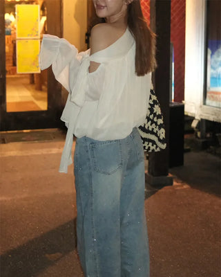 Chiffon Shirring Asymmetrical Ribbon Blouse