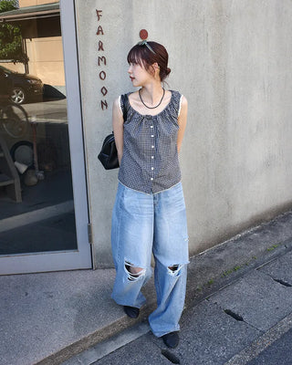 Distressed wide-leg denim pants
