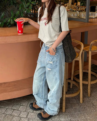 Distressed wide-leg denim