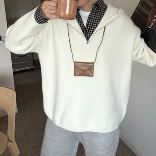 Half-zip hooded knit sweater