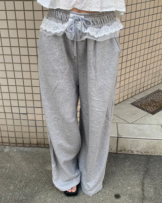 Elastic waist lace detail layered sweatpants