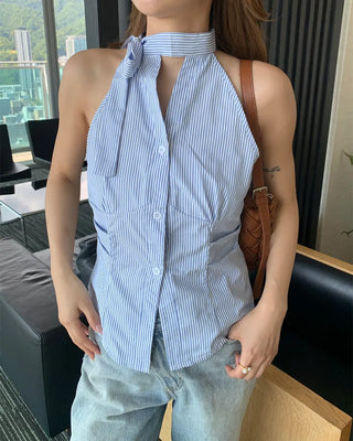 Striped gathered halter neck blouse