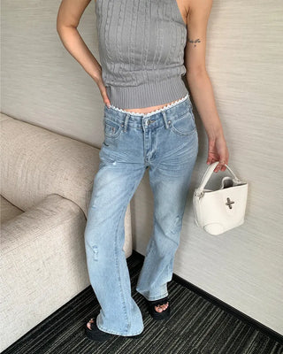 Wide-leg denim with lace-up waist