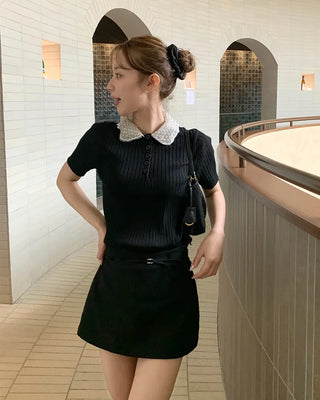 Pearl-embellished color-accented short-sleeved knit
