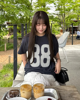 (Unisex) Number Patch Work Loose Fit Short Sleeve T-Shirt