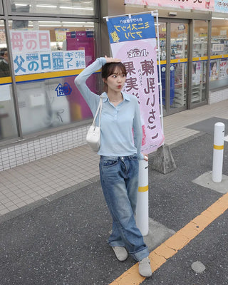 Button-collar long-sleeve T-shirt