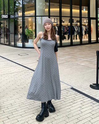 Cap-attached polka dot camisole long dress