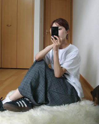 Waist string check long skirt