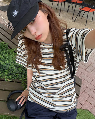 Multi-stripe Henley neck T-shirt