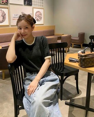 Two-tone boucle short-sleeved knit