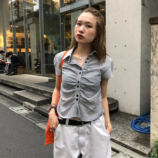 Cropped check shirred shirt