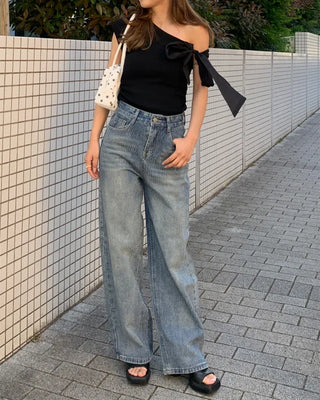 One-shoulder ribbon detail shirred blouse