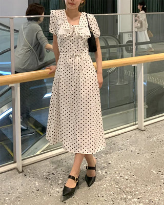 Polka Dot Frill Short Sleeve Long Dress