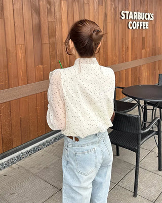 Polka Dot Ribbon Tie Frill Chiffon Blouse