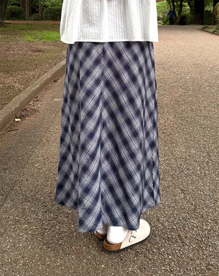 Checked elastic waist string long skirt