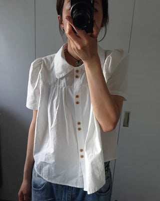 Wood Button Shirring Blouse