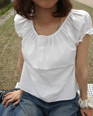 Jewel neck puff blouse