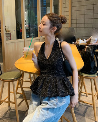Polka Dot Frill Halter Neck Blouse