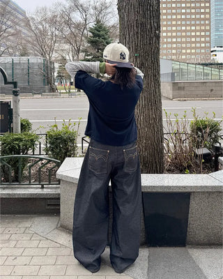 (UNISEX) Stitched Balloon Denim Pants