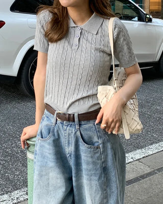 Cable knit slim-fit short-sleeve knit
