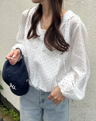 Polka Dot See-Through Frill Zip Hoodie