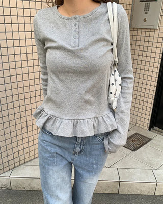 Henley neck frill long-sleeved T-shirt