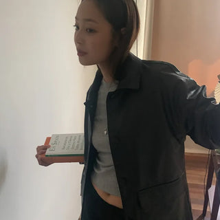 Loose-fit leather mid-length coat jacket