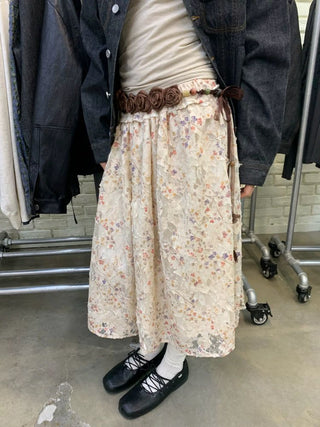 [NEVERSEEZ] Layered Lace Floral Midi Skirt