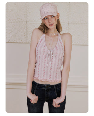 [NECY] Pink Blossom Strap Halterneck Top