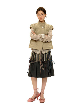 [Moromoro2] Lace Trim Plaid Patchwork Pleated  Skirt