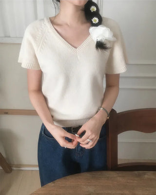 [] Slimming V-neck raglan short-sleeved knit top