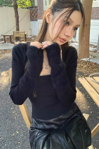 square neck plush stitched long-sleeve top