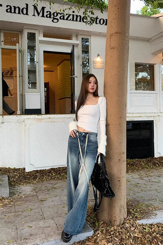 square neck plush stitched long-sleeve top