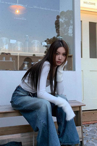 square neck plush stitched long-sleeve top