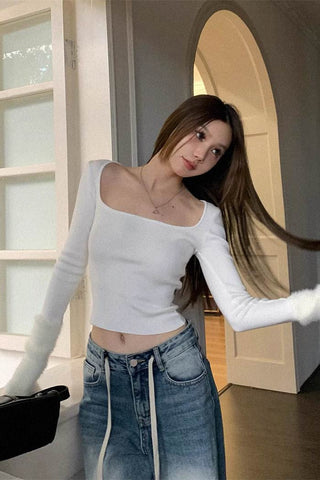 square neck plush stitched long-sleeve top